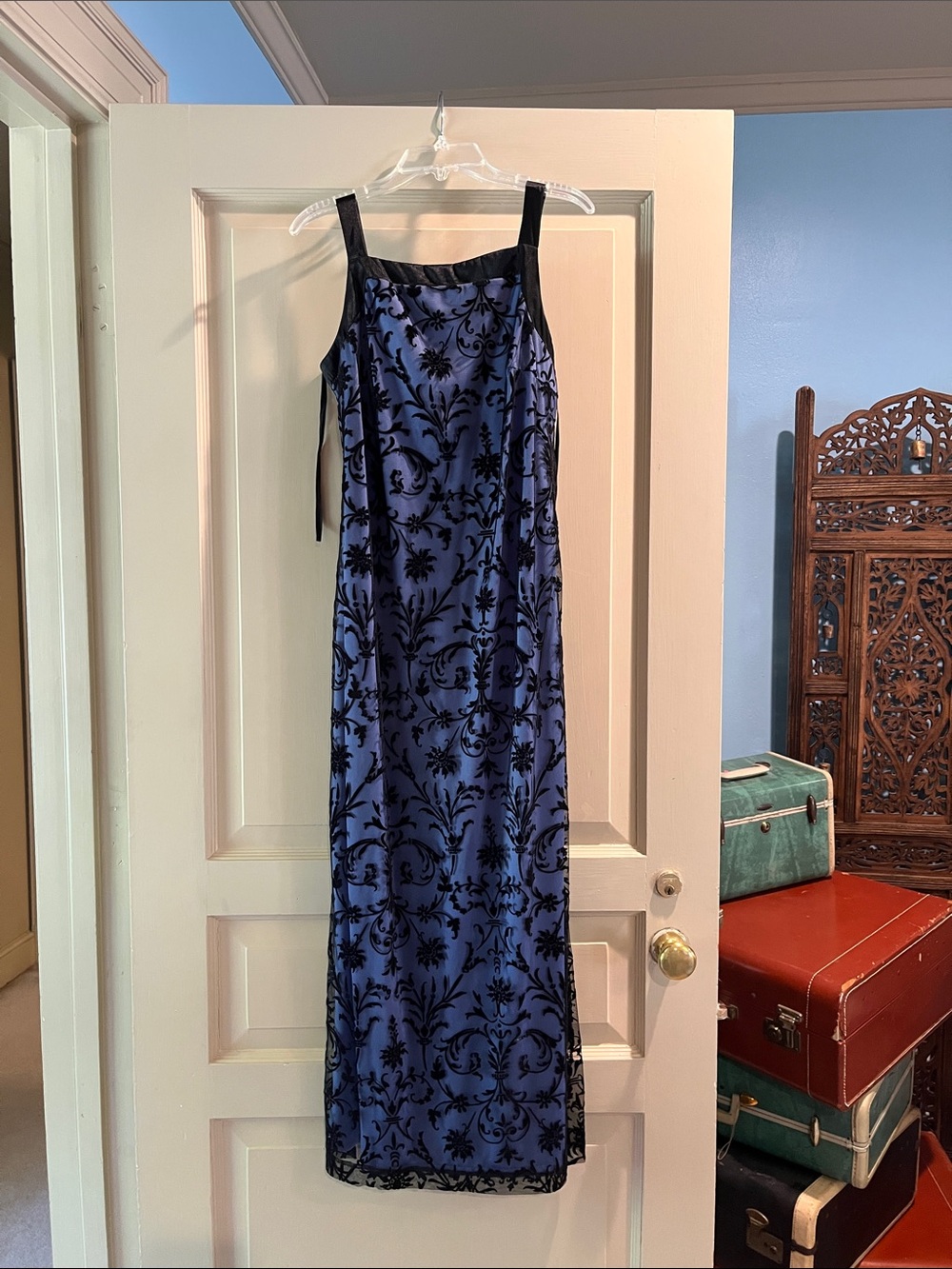 Blue and Black Floral Velvet Overlay Maxi Dress
